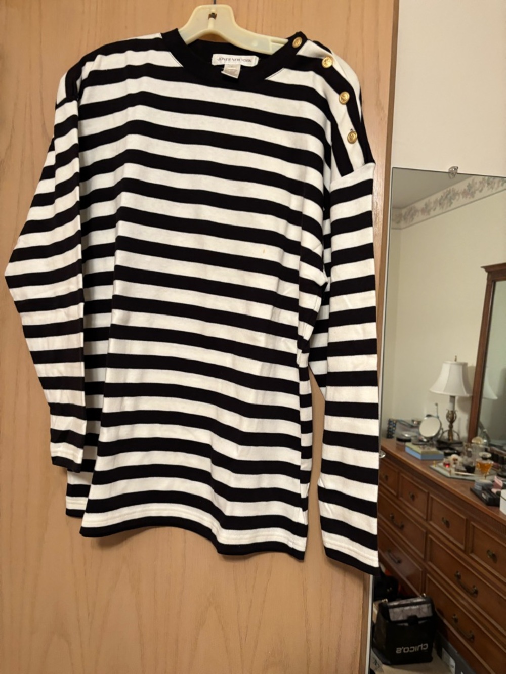 Jones New York Black and White Striped Long Sleeve Tee with Shoulder Buttons